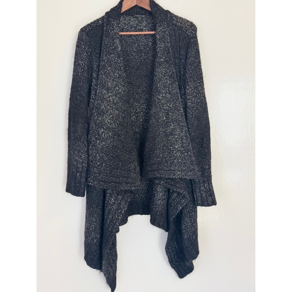 Eileen Fisher Cardigan XL Black Grey Suri Alpaca Wool Blend Waterfall Luxe Cozy